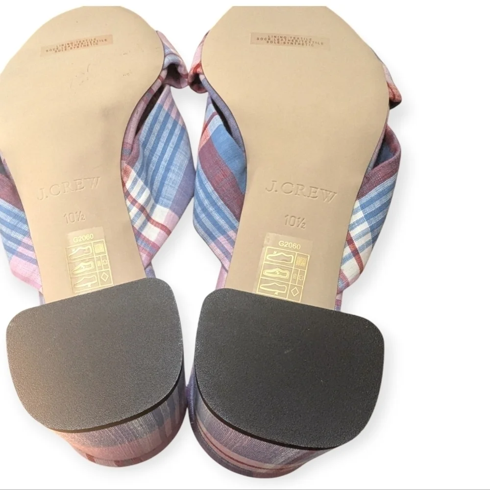J.Crew Blue Pink Plaid Knotted Slide Sandals Beach Wedding Size 10.5